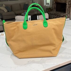 Cinch Tan Tote with Green Handles